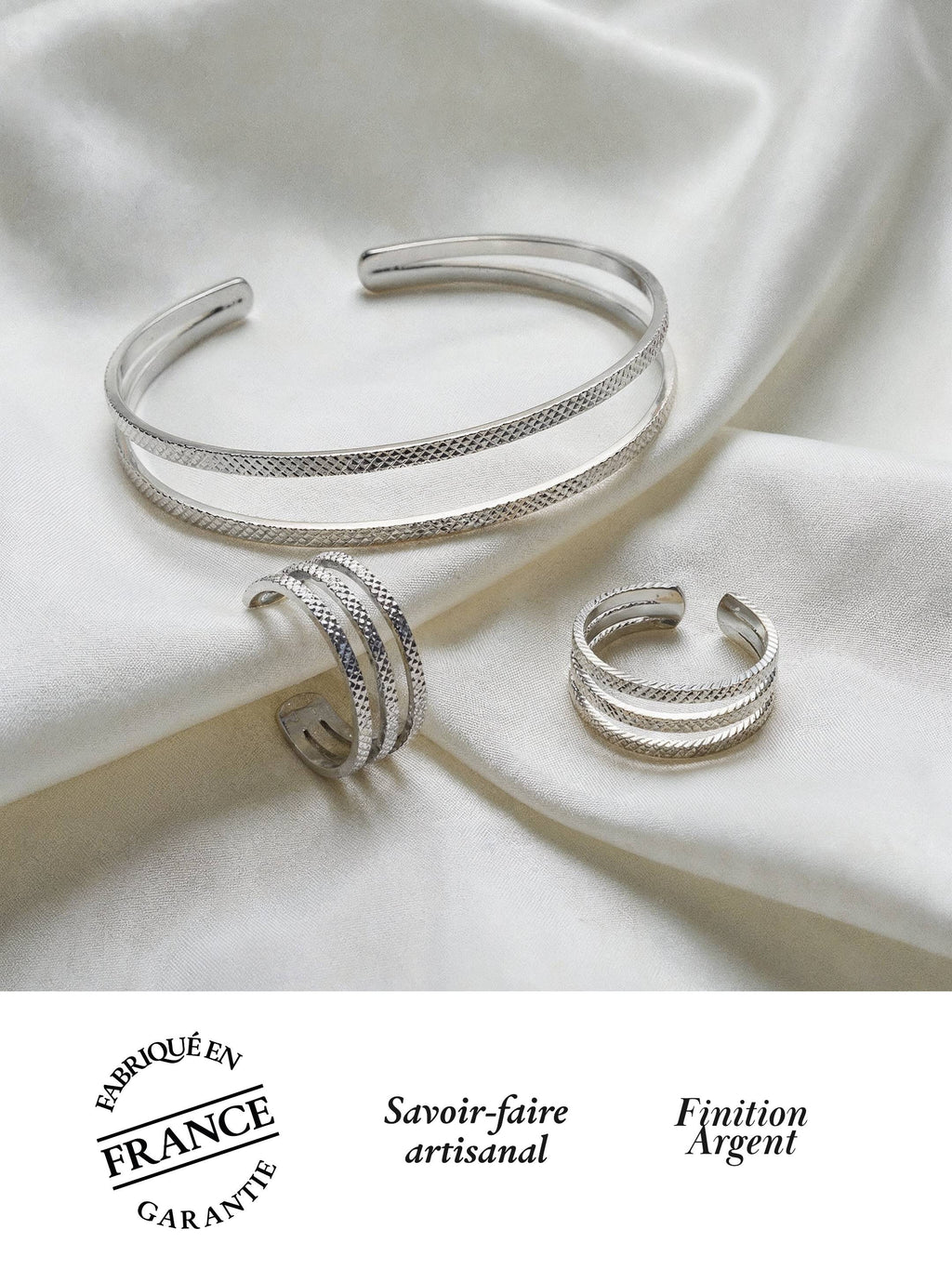 Parure Bracelet Jonc & Duo de Bagues Ajustables Finition Argent | Balloul Paris