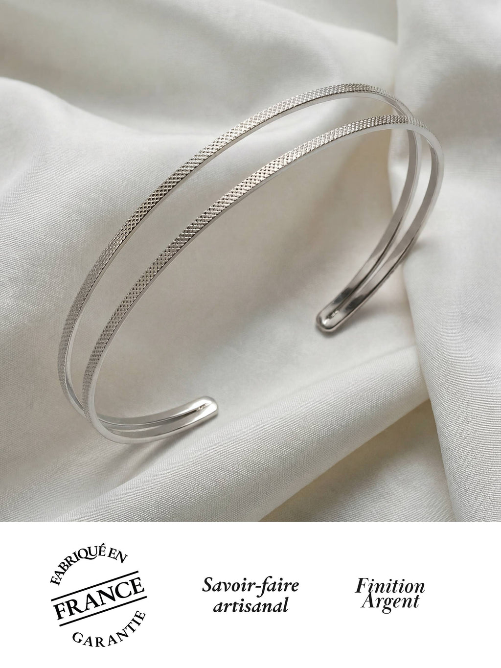 Bracelet Jonc Ajustable Finition Argent au Motif Matelassé | Balloul Paris