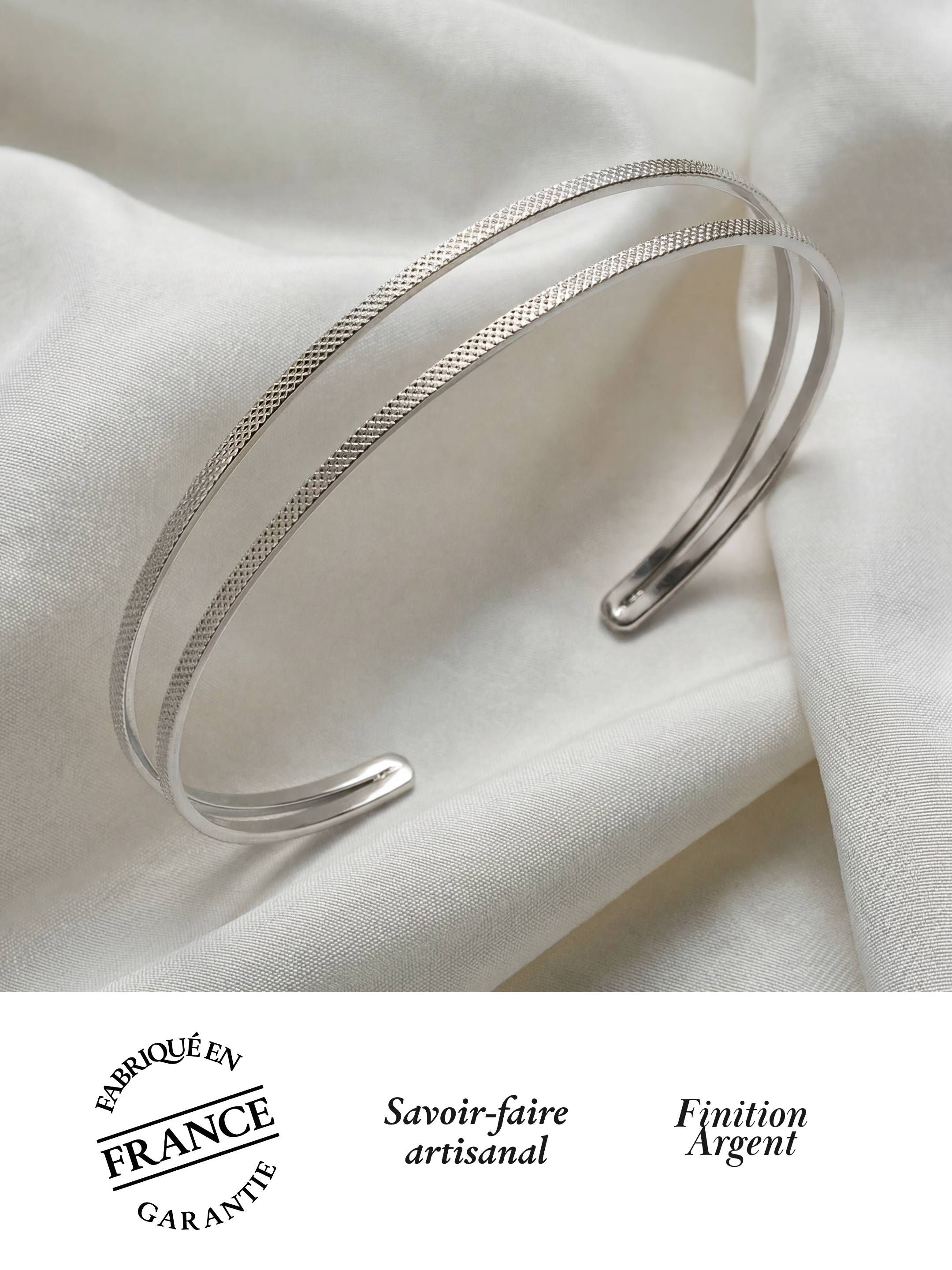 Bracelet Jonc Ajustable Finition Argent au Motif Matelassé | Balloul Paris
