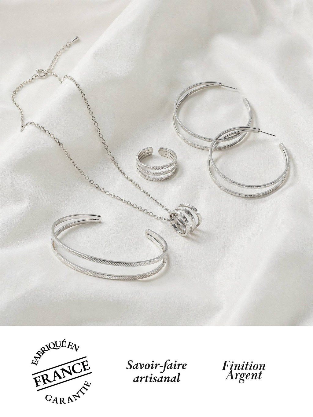 Parure Bracelet, Grandes Créoles, Collier & Bague Ajustable Finition Argent | Balloul Paris