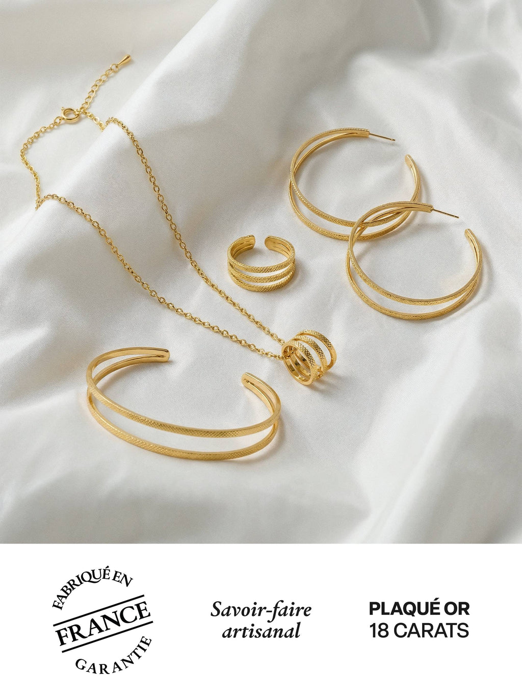 Parure Bracelet, Grandes Créoles, Collier & Bague Ajustable en Plaqué Or 18 carats | Balloul Paris