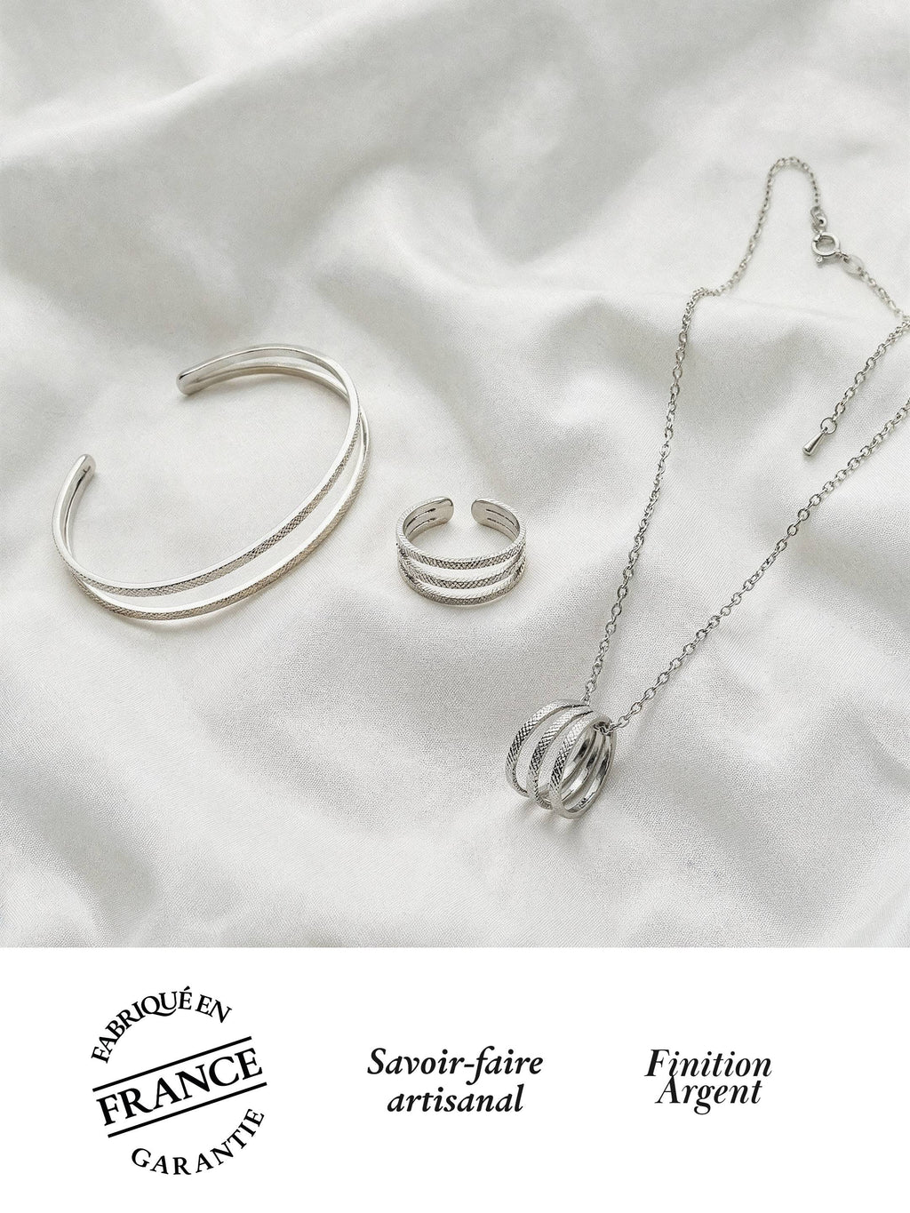 Parure Bracelet Jonc, Collier & Bague Ajustable Finition Argent | Balloul Paris
