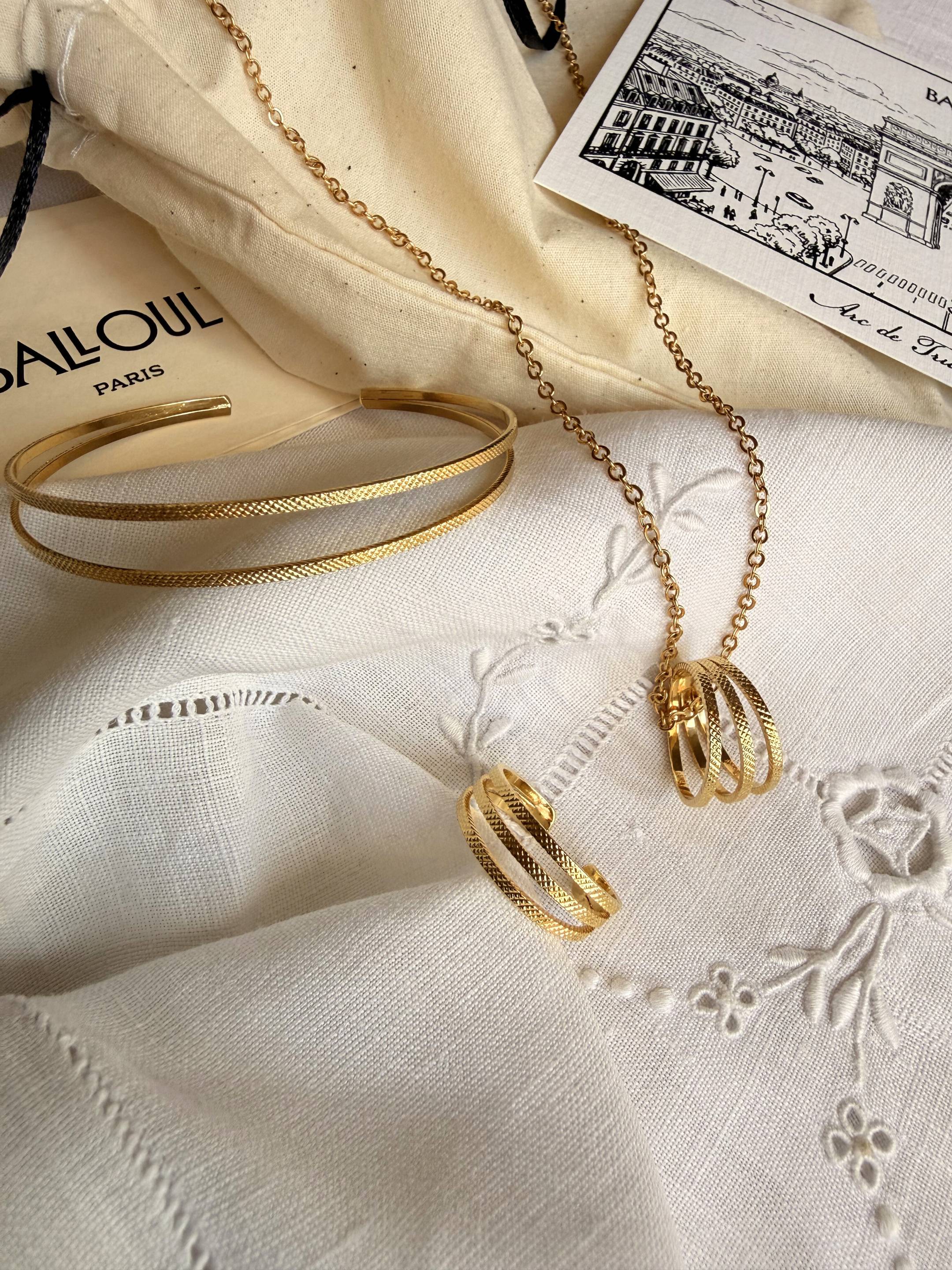 Parure Bracelet Jonc, Collier & Bague Ajustable en Plaqué Or 18 carats | Balloul Paris