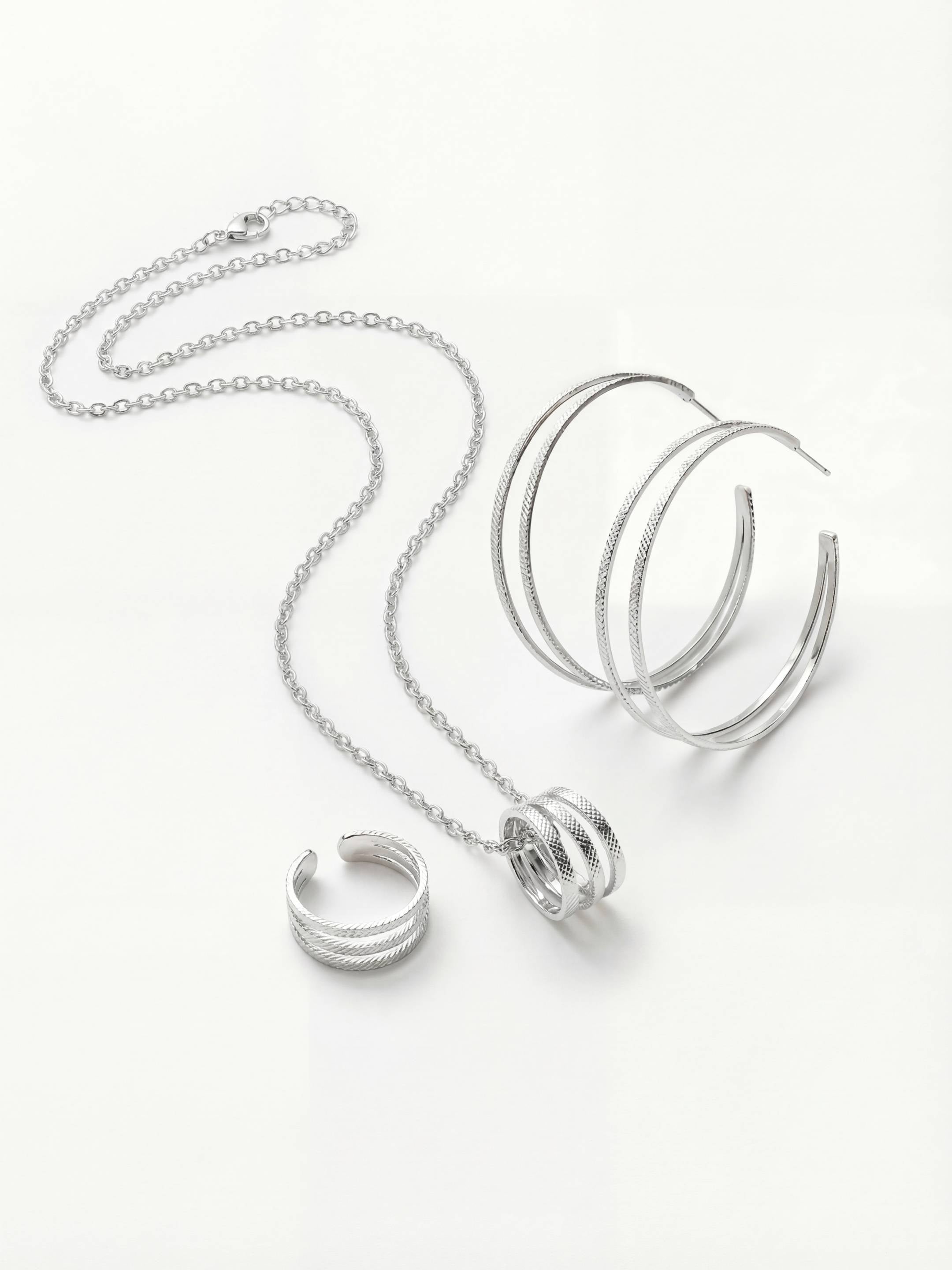 Parure Grandes Créoles, Collier & Bague Ajustable Finition Argent | Balloul Paris