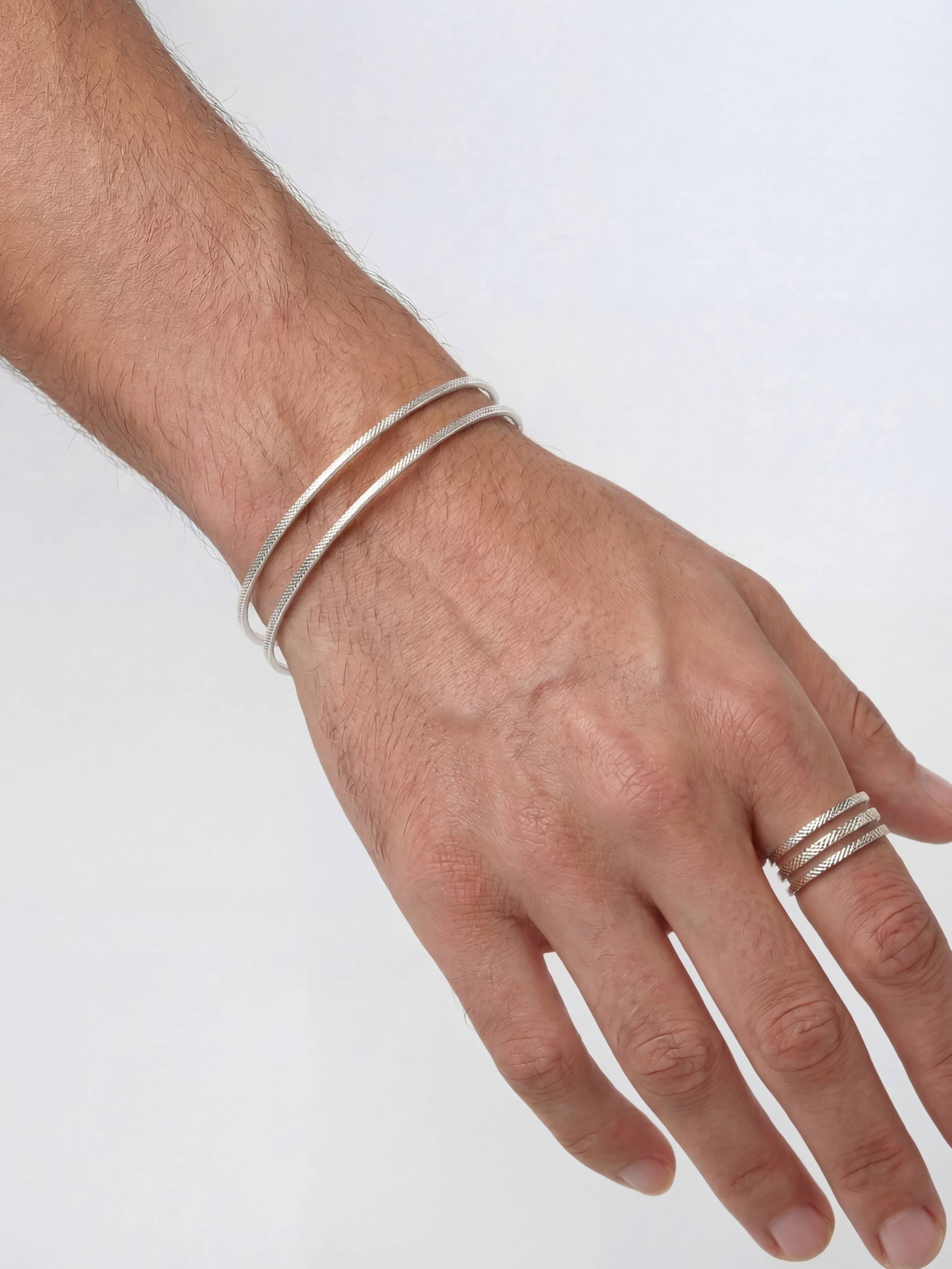 Parure Homme Bracelet Jonc & Bague Ajustable Finition Argent | Balloul Paris