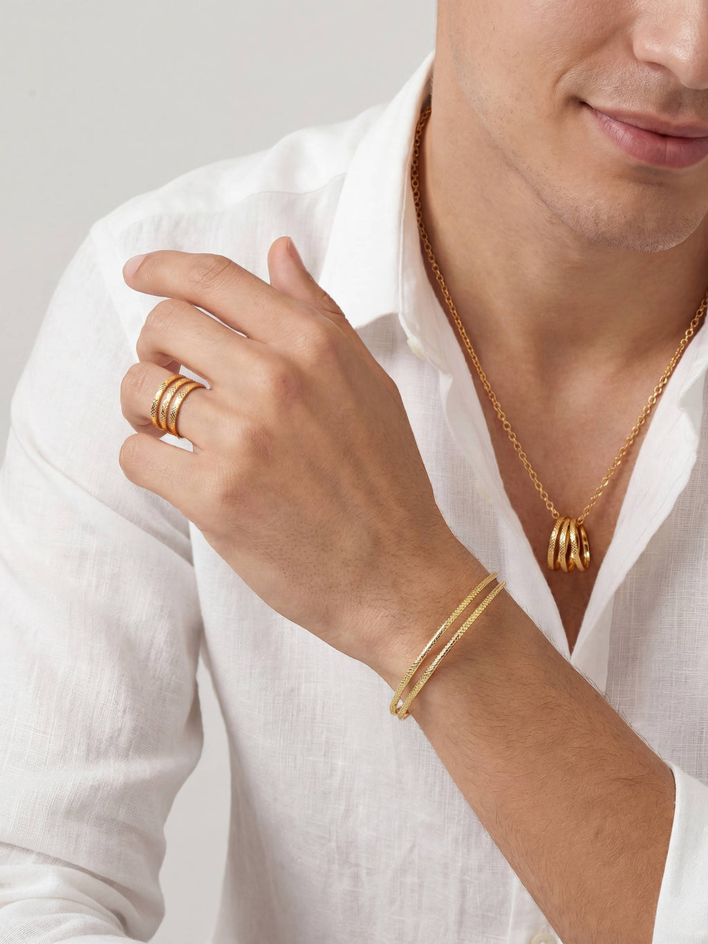 Men's Bangle Bracelet, Necklace & Adjustable Ring Set in 18K Gold Plating | Balloul Paris