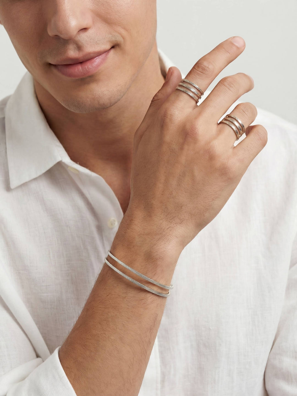 Parure Homme Bracelet Jonc & Duo de Bagues Ajustables Finition Argent | Balloul Paris