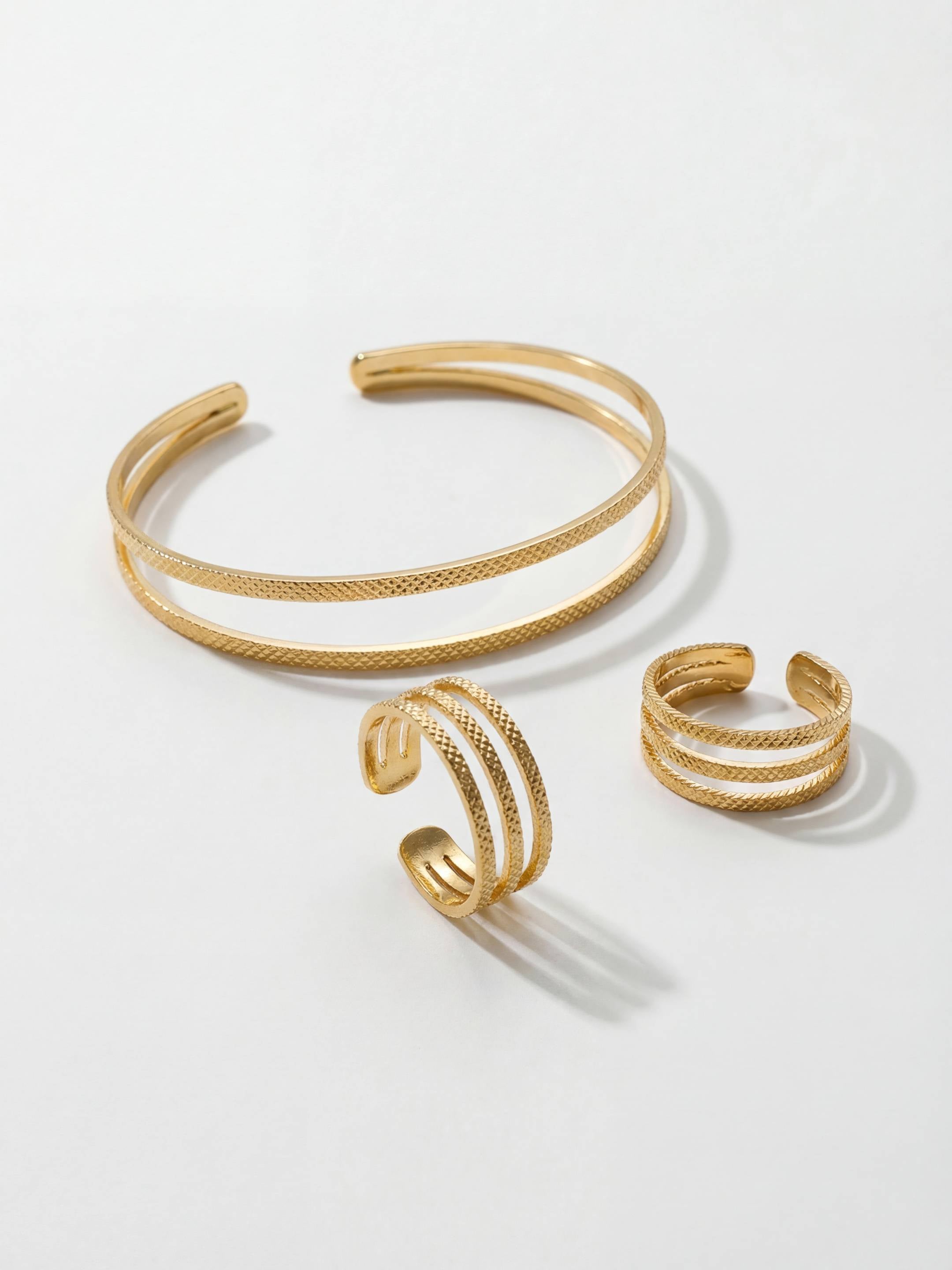 Parure Bracelet Jonc & Duo de Bagues Ajustables en Plaqué Or 18 carats | Balloul Paris