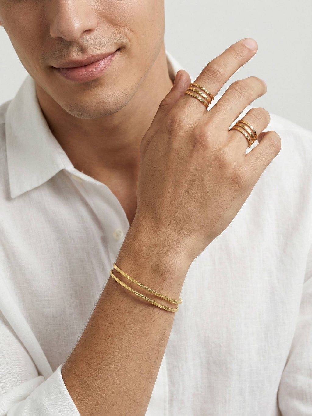 Men's Jewelry Set - Silver Finish Bangle Bracelet & Duo of 18k Gold Plated Rings | Balloul Paris
