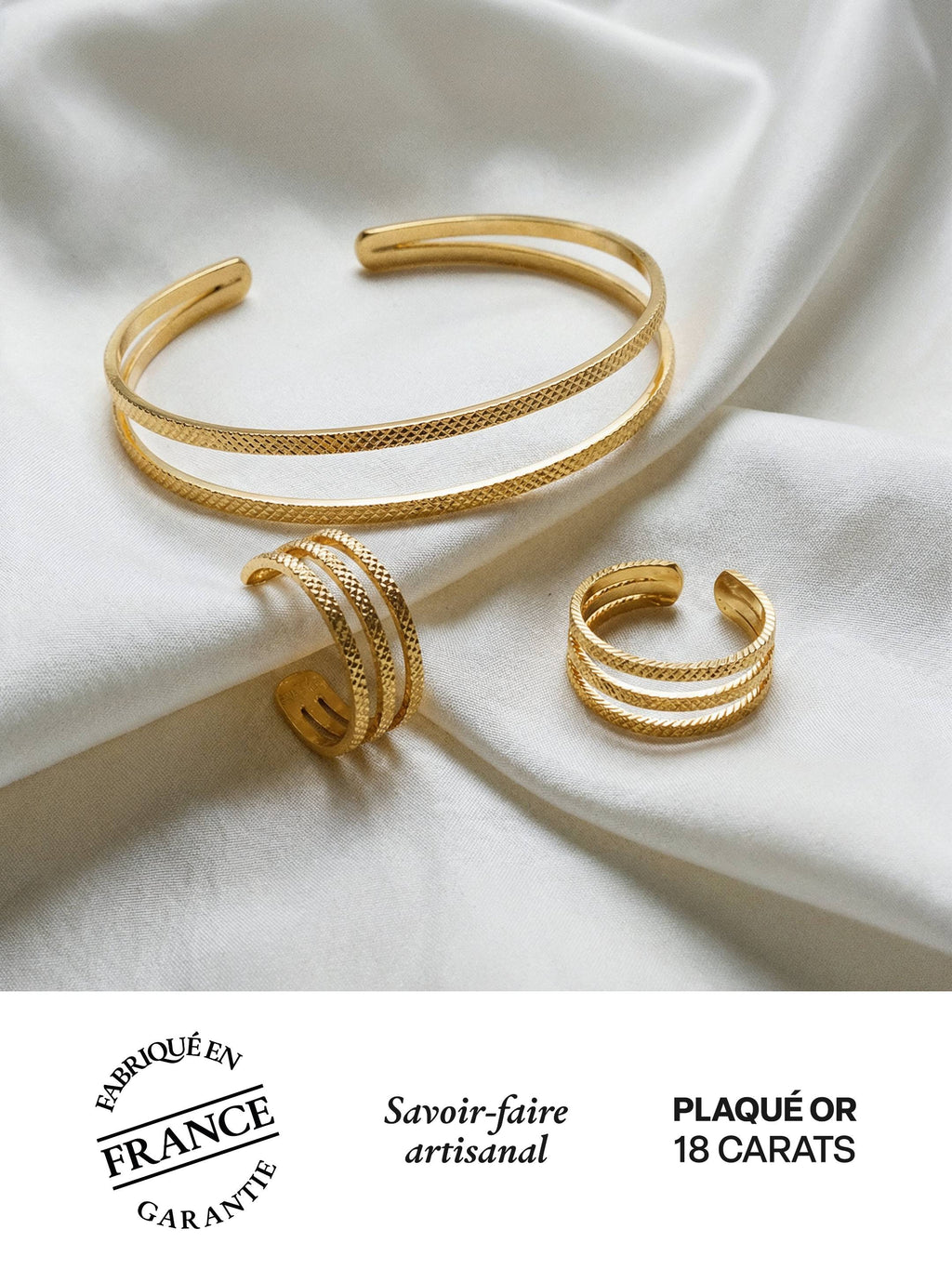 Parure Bracelet Jonc & Duo de Bagues Ajustables en Plaqué Or 18 carats | Balloul Paris